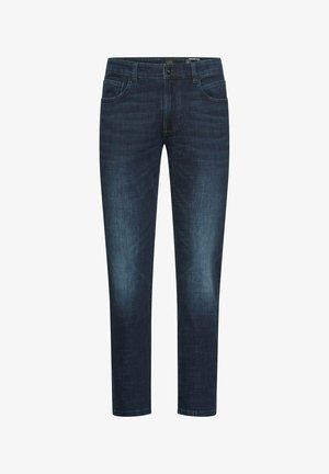 Ciemnoniebieskie jeansy o dopasowanym fasonie z przednimi i tylnymi kieszeniami, zapięciem na guziki oraz subtelnym efektownym wyblaknięciem na udach i kolanach.