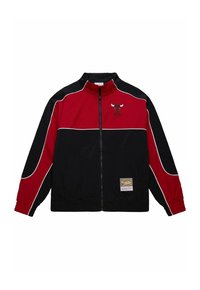 Red and black zip-up jacket, featuring a high collar, white accents, an embroidered logo, and elastic cuffs. Made of smooth fabric.