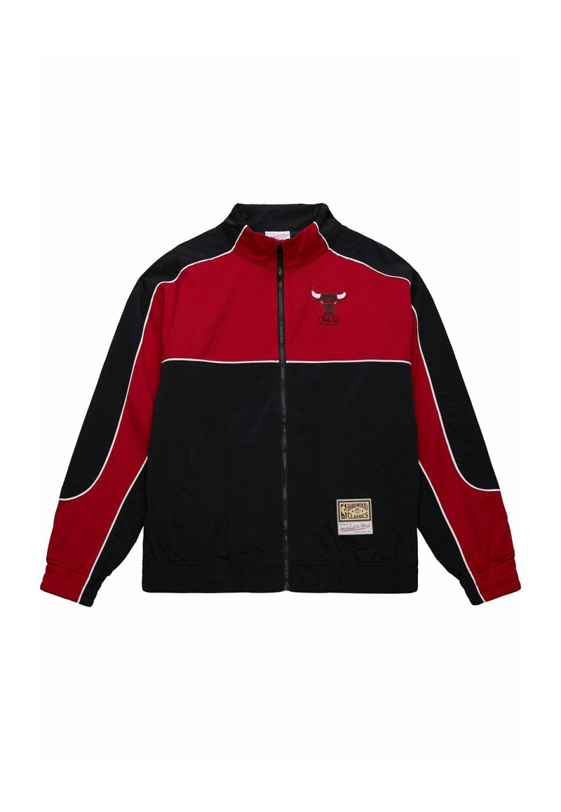 Rot schwarze Zip-Jacke mit hohem Kragen, weißen Einsätzen, gesticktem Logo und elastischen Bündchen. Aus glattem Stoff hergestellt.