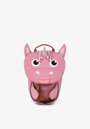 Pink children's backpack designed as a unicorn with large eyes, ears, mane, small horn, and front pocket shaped like a tongue sticking out.