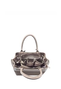 Borsa a mano in pelle beige con un design strutturato, due manici e un interno dotato di numerose tasche e una fodera liscia.