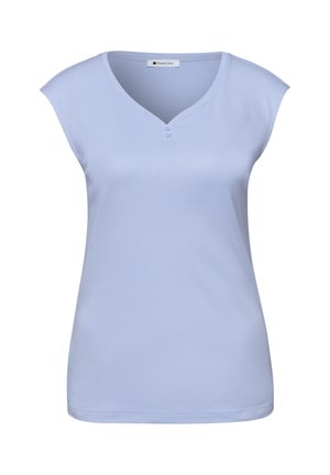 Haut pour femme sans manches bleu clair avec col en V et deux petits boutons au niveau de l'encolure, design uni, de la marque Street One.