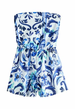 Schulterloser Jumpsuit in Weiß mit blauem Blumen- und Scrollmuster. Elastischer Taillenbund und weit geschnittene Shorts. Glatter, leichter Stoff.