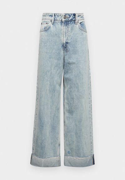 Light blue denim wide-leg jeans with a high waist, frayed hems, and classic five-pocket design. Soft texture and faded wash detail.