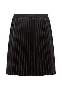 Jupe plissée noire en matière synthétique avec une ceinture lisse. Présente une texture verticale et tombe au-dessus du genou. Pas de détails supplémentaires.