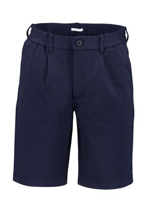 Marineblaue knielange Shorts mit elastischem Bund, vorderer Knopfleiste, Gürtelschlaufen und Seitentaschen, aus strukturiertem Stoff gefertigt.