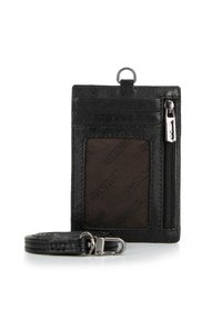 Cartera de cuero negro con un acabado texturizado, que cuenta con una ventana para identificación transparente, ranuras para tarjetas y un bolsillo con cremallera, acompañada de una correa desmontable.
