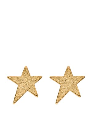 Goldene, sternförmige Ohrringe mit einer strukturierten Glitzer-Oberfläche; kleine Größe, geeignet für den täglichen Gebrauch; schlichtes, modernes Design.