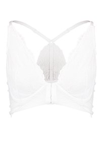 White lace bralette with a V-neck design, featuring delicate scalloped edges, adjustable straps, and a soft lining for comfort.
