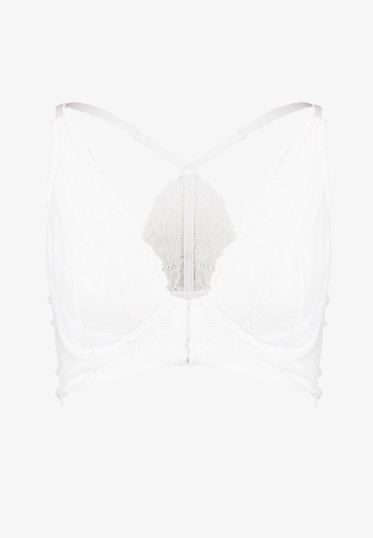 White lace bralette with a V-neck design, featuring delicate scalloped edges, adjustable straps, and a soft lining for comfort.
