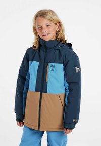 Blå och brun vattentålig jacka med dragkedja, flera färgblockdesigns, justerbar huva och varumärkesdetaljer på ärm och bröst.