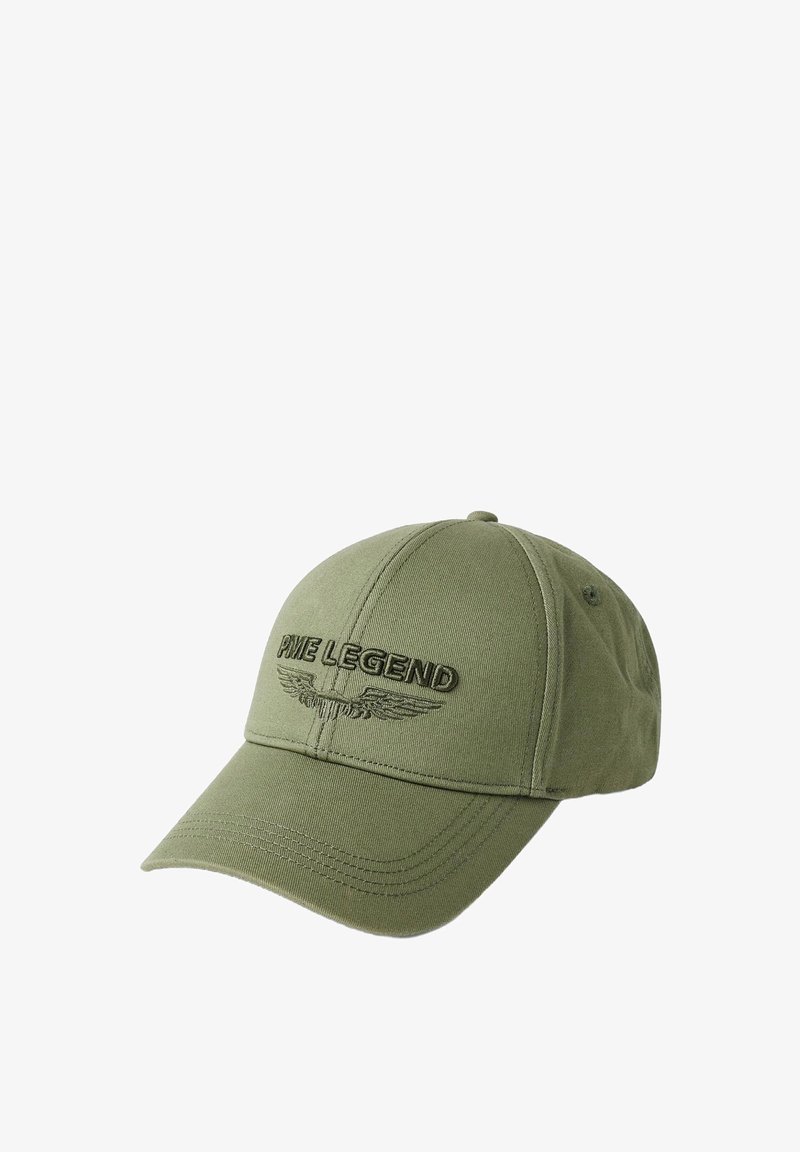 Olivgrüne Kappe aus Baumwollstoff mit einer Vorderseite, die mit "PME LEGEND" und einem Flügeldesign bestickt ist, strukturiertem Schirm und verstellbarem Rücken.