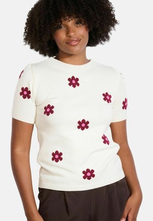 Kurzer Strickpullover in Creme mit burgunderfarbenen Blumenmustern. Besitzt einen gerippten Rundhalsausschnitt und eine glatte Textur. Klassische Passform.