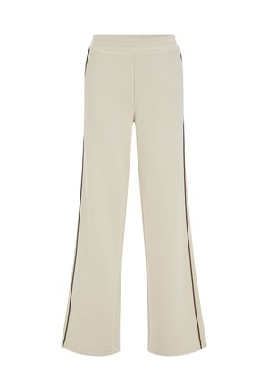 Bež široke hlače s visokim strukom i tankim tamnim vertikalnim prugama koje se protežu uz bočne šavove.