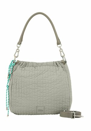 Sac à main matelassé gris avec poignée supérieure, bandoulière amovible, ferrures argentées et détail lacet turquoise sur un côté.