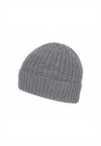 Gray knitted beanie hat with a ribbed texture and a folded cuff. Made from soft material, featuring a close-fitting, rounded crown design.