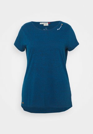 Blue heathered t-shirt with a round neckline, short sleeves, and a curved hem. Features embroidered text on the shoulder and a logo tag at the bottom.