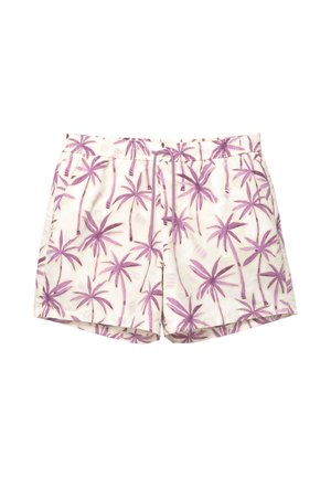 Helle Badehose mit einem Palmenmuster in verschiedenen Lila-Tönen. Elastischer Bund mit Kordelzug, lässiges Design und weiche Textur.