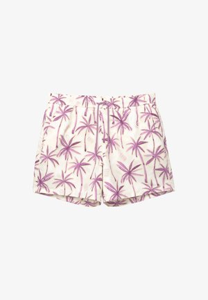 Lichtgekleurde zwembroek met een palmbomenpatroon in paarse tinten. Elastische tailleband met drawstring, casual ontwerp en zachte textuur.