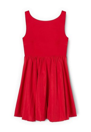 Rotes Kleid mit ärmellosem Design, rundem Ausschnitt und gerafftem Rock. Das Material wirkt glatt mit einer leichten Textur.