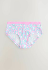 Culotte leopardate blu e rosa con un elastico rosa in vita su cui è impresso il nome del marchio "NEXT". Materiale morbido e elastico.