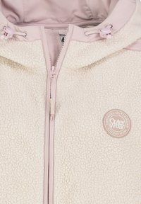Fleecejack in off-white met een roze capuchon en rits. Heeft een rond logo-opdracht en een textuurstof met een zachte, gezellige uitstraling.