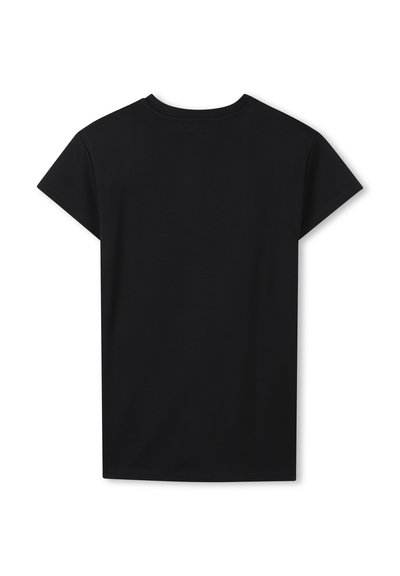 T-shirt noir à manches courtes avec un col rond classique et un ourlet droit. Fabriqué en coton solide et lisse. Sans motifs ni accents.