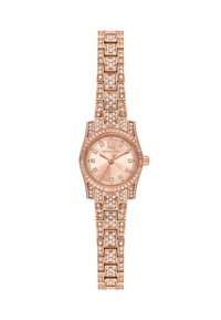 Roze gouden horloge met een kristallen armband en ronde wijzerplaat. Kenmerken zijn Romeinse cijfers en een gestructureerde bezel.