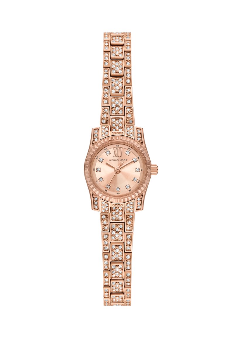 Roze gouden horloge met een kristallen armband en ronde wijzerplaat. Kenmerken zijn Romeinse cijfers en een gestructureerde bezel.