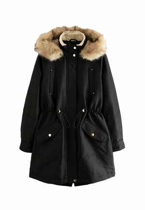 Black parka jacket with a faux fur hood, drawstring waist, large front pockets, and gold-tone hardware accents. Fabric appears smooth and durable.