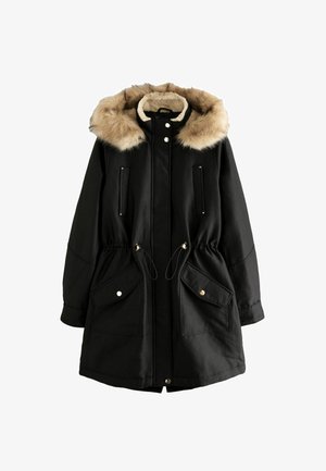 Black parka jacket with a faux fur hood, drawstring waist, large front pockets, and gold-tone hardware accents. Fabric appears smooth and durable.