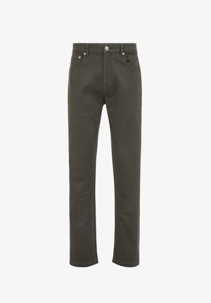 Jeans slim fit verde scuro da uomo con tasche anteriori, passanti per cintura e chiusura a bottone.