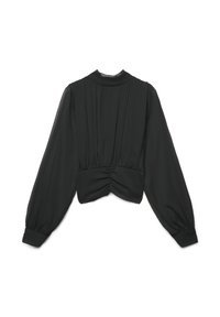 Schwarze Bluse mit langen Puffärmeln, die ein gerafftes Rücken-Detail und einen hohen Ausschnitt aufweist, aus leichtem, leicht durchsichtigem Stoff.