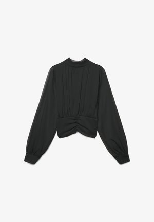 Blouse noire avec de longues manches bouffantes, présentant un détail froncé dans le dos et un col montant, réalisée en tissu léger et légèrement transparent.