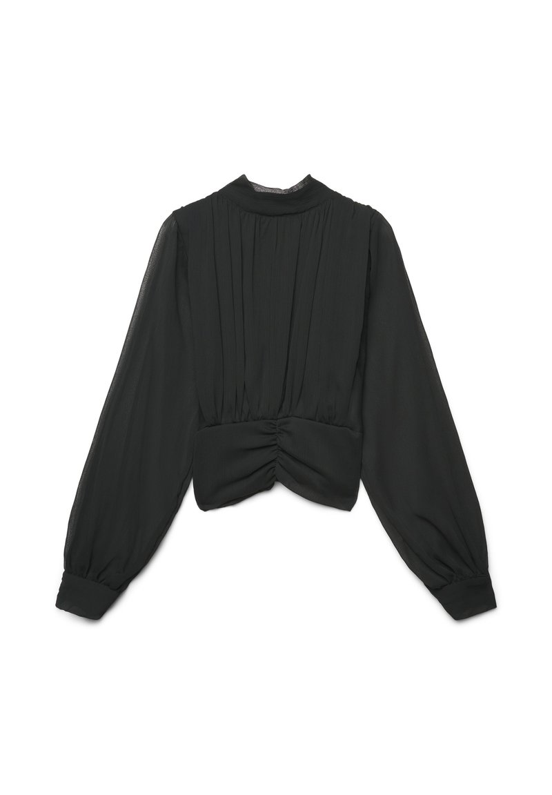 Schwarze Bluse mit langen Puffärmeln, die ein gerafftes Rücken-Detail und einen hohen Ausschnitt aufweist, aus leichtem, leicht durchsichtigem Stoff.