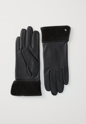 Luvas de couro pretas com um punho em camurça preta acolchoada. Apresentam um acabamento suave e um discreto detalhe de logo na área do pulso.