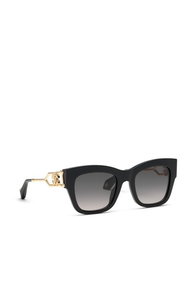 Lunettes de soleil carrées oversize noires avec charnières décoratives dorées et verres dégradés foncés sur fond blanc.