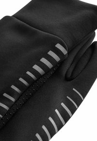 Guanti neri realizzati in un tessuto liscio e elastico con strisce riflettenti. Il design prevede una vestibilità aderente e dettagli in rilievo per una presa migliore.