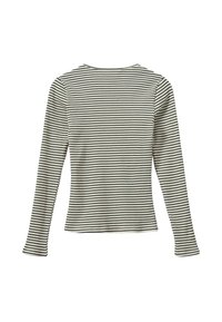 Maglietta a maniche lunghe bianca con strisce orizzontali nere, dotata di un collo rotondo e di una texture aderente a coste.