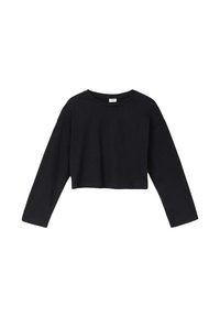 Zwarte cropped langekleurige shirt met lange mouwen, ronde halslijn, zachte katoenstof, ontspannen pasvorm, minimalistisch ontwerp zonder zichtbare patronen of hardware.