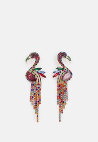 Colorful rhinestone earrings shaped like flamingos with metallic accents, featuring a mix of jewel tones and cascading fringe details.