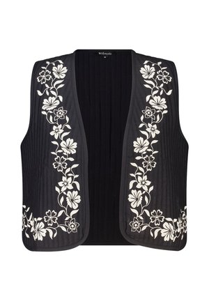 Zwarte doorgestikte bodywarmer met witte bloemrijke borduursels langs de voorste randen. Open ontwerp met een textuur en geribd patroon.