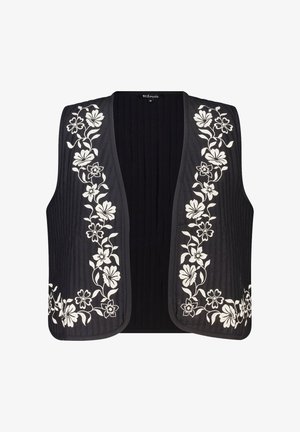 Zwarte doorgestikte bodywarmer met witte bloemrijke borduursels langs de voorste randen. Open ontwerp met een textuur en geribd patroon.
