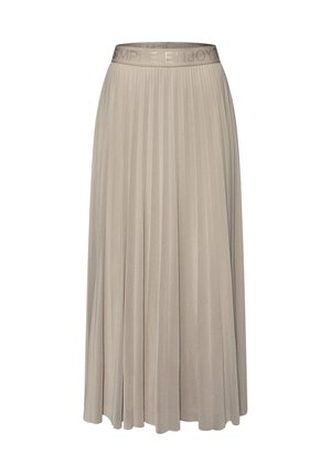 Jupe midi plissée beige avec taille élastique ornée du texte en relief "SIMPLE ENJOY".