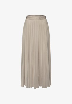 Jupe midi plissée beige avec taille élastique ornée du texte en relief "SIMPLE ENJOY".