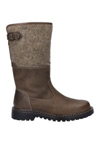 Bota de cuero marrón con parte superior de fieltro. Presenta un hebilla lateral, costuras contrastantes y una suela de goma texturizada. Altura a media pantorrilla.