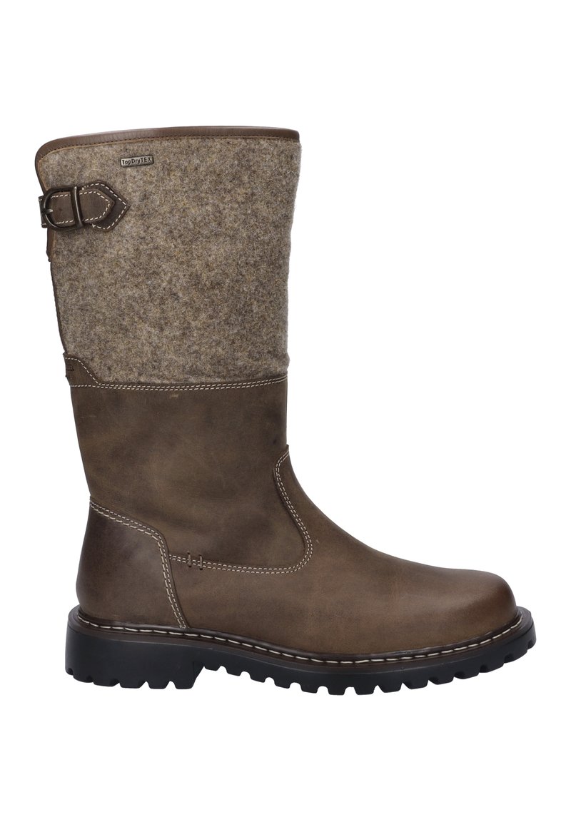 Bota de cuero marrón con parte superior de fieltro. Presenta un hebilla lateral, costuras contrastantes y una suela de goma texturizada. Altura a media pantorrilla.