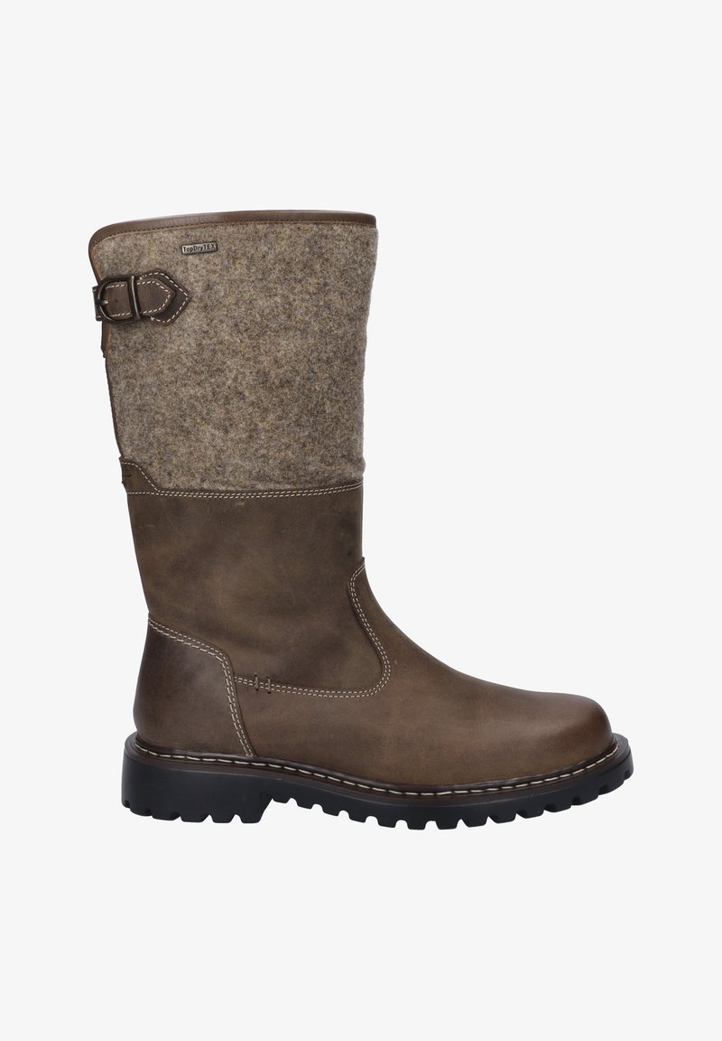 Bota de cuero marrón con parte superior de fieltro. Presenta un hebilla lateral, costuras contrastantes y una suela de goma texturizada. Altura a media pantorrilla.