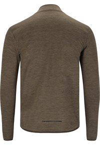 Langärmliges Shirt in dunkelolivgrün, gemustertes Gewebe, strukturierter Kragen, leicht abgerundeter Saum mit einem dezenten horizontalen Akzent auf der Rückseite.