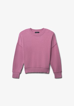 Sweatshirt rose en tissu doux, avec un col rond, des poignets et un ourlet côtelés, un ajustement décontracté et un design minimal.